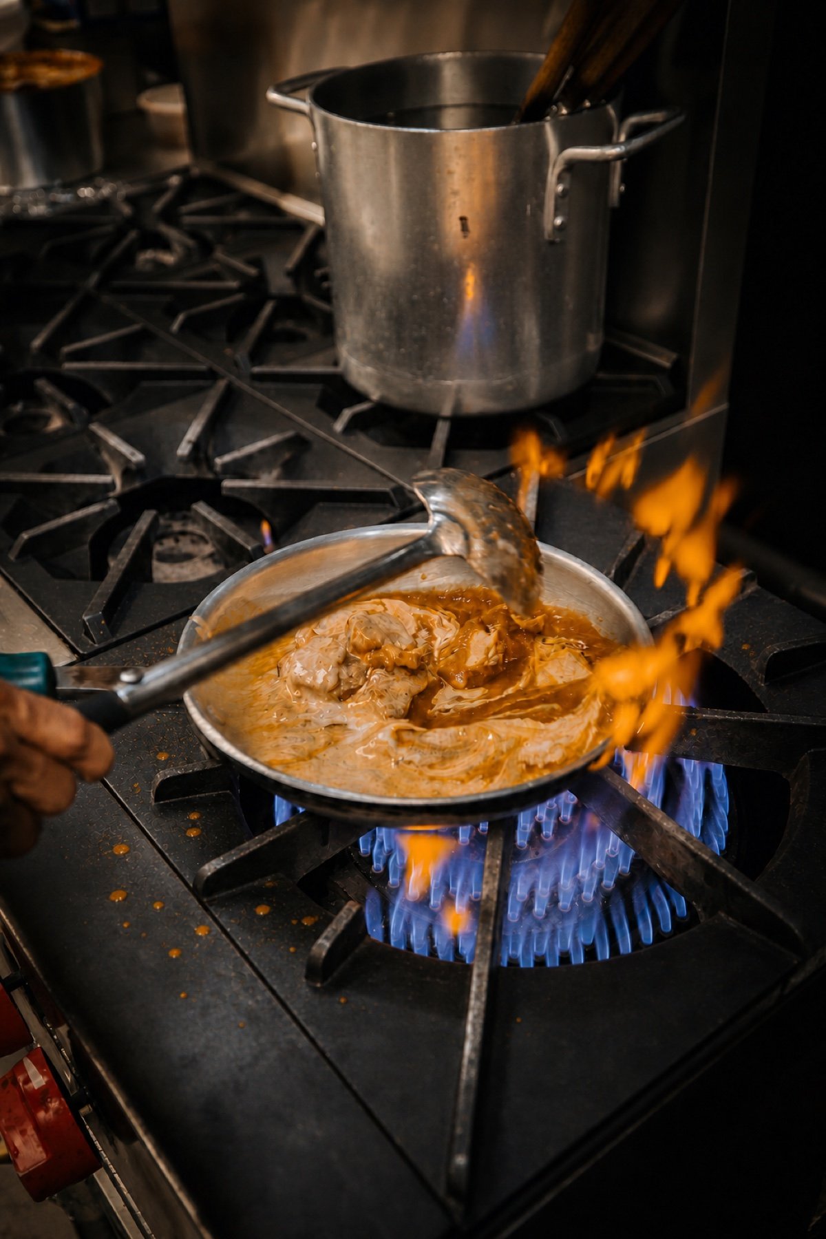 Curry being finished in a pan over a blue flame in the Samway Grill kitchen