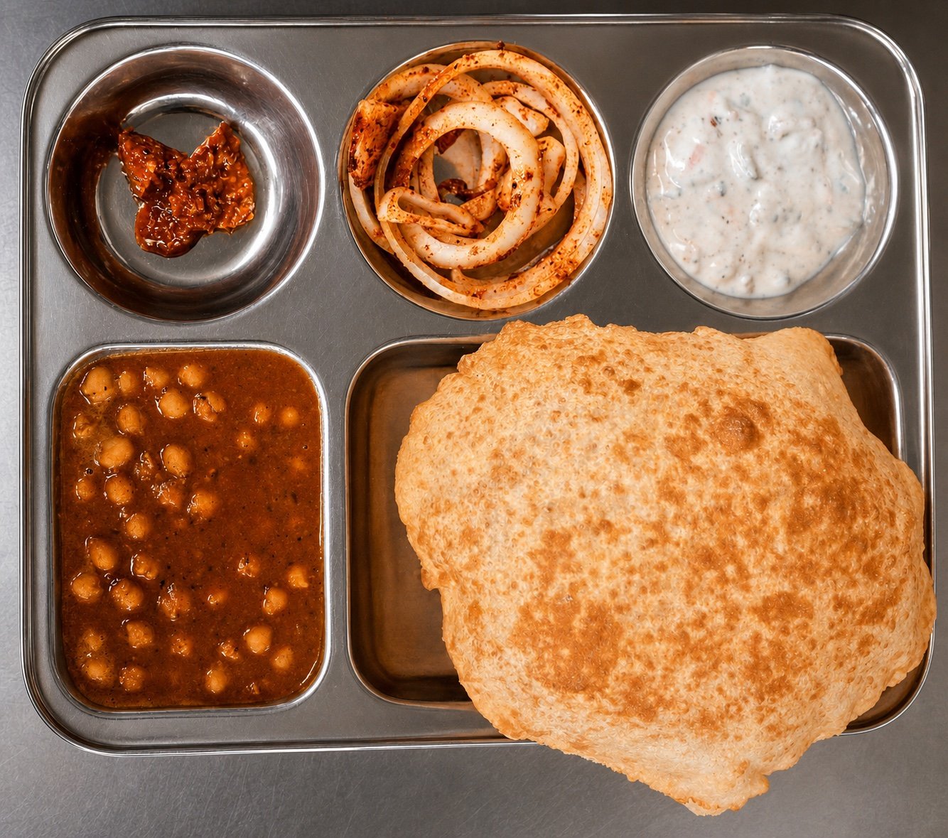 A Samway Grill thali selection with fried bread, chickpea curry, seasoned onions, raita, and pickle