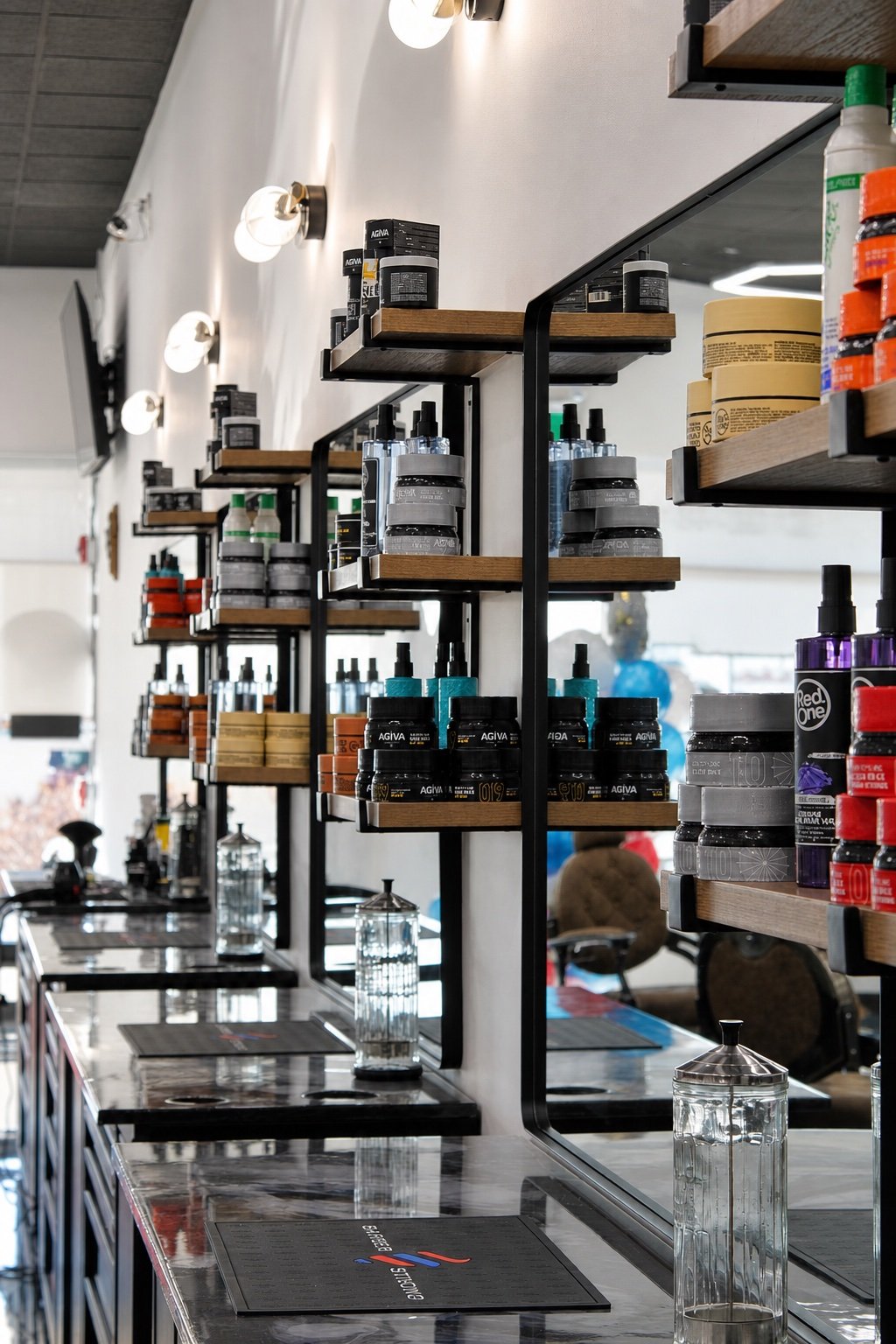 TopTown Barbershop workstation row with mirrors, product shelves, countertops, and glass jars